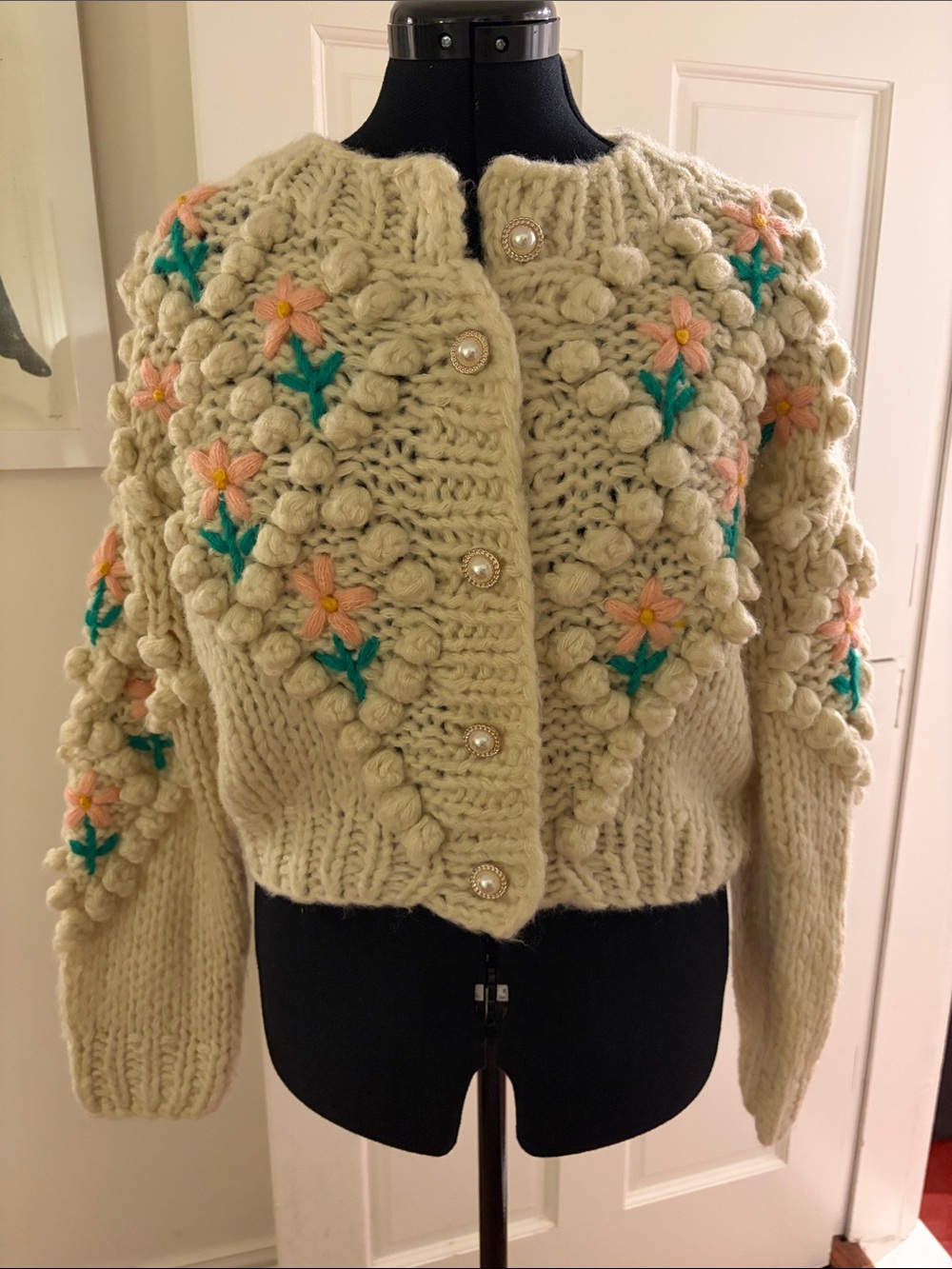 Chunky Cream Floral Bobble-Knit Women's Sweater Cardigan